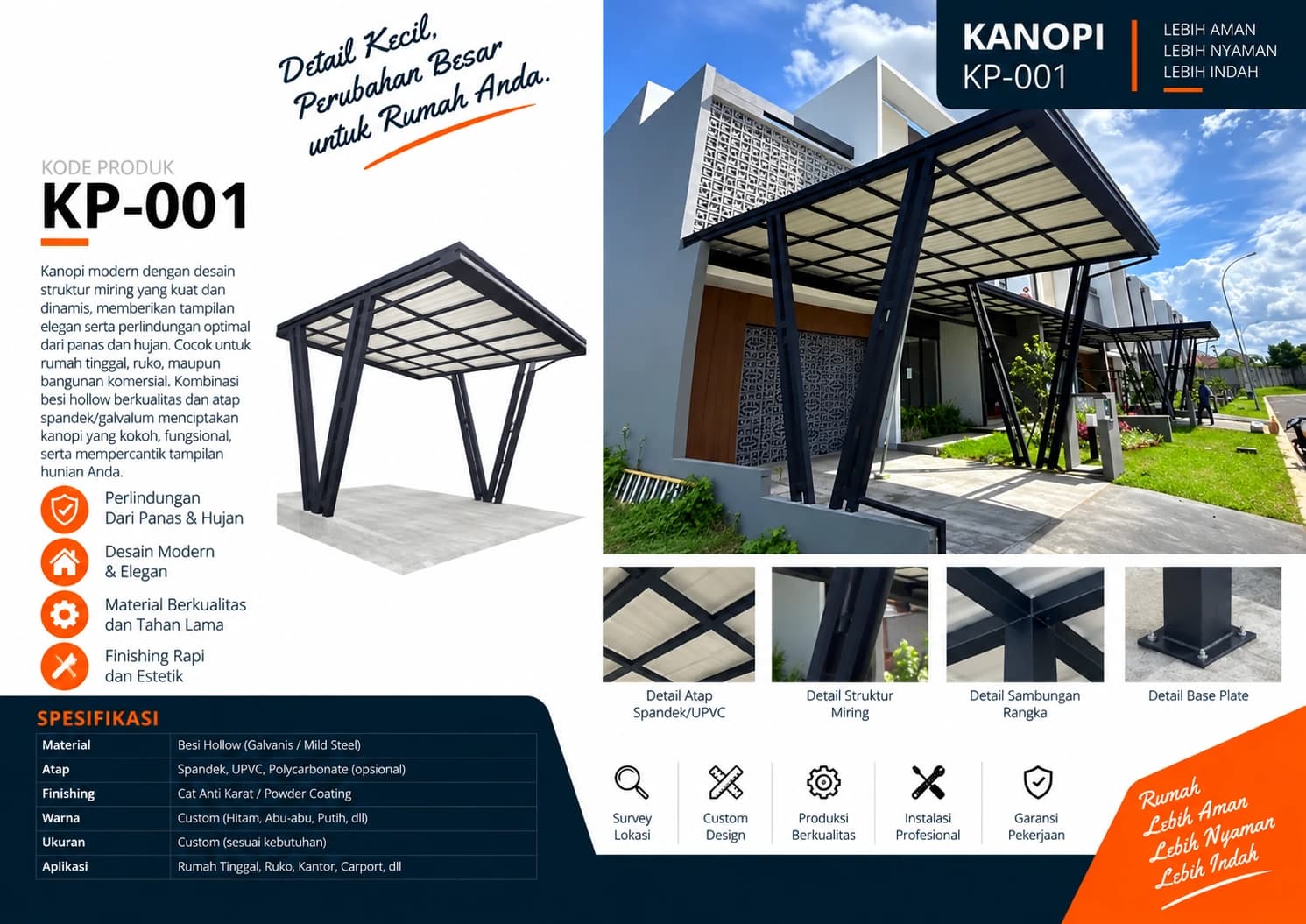 Katalog Kanopi KP-001 — struktur miring, rangka hollow, atap spandek pada carport rumah minimalis