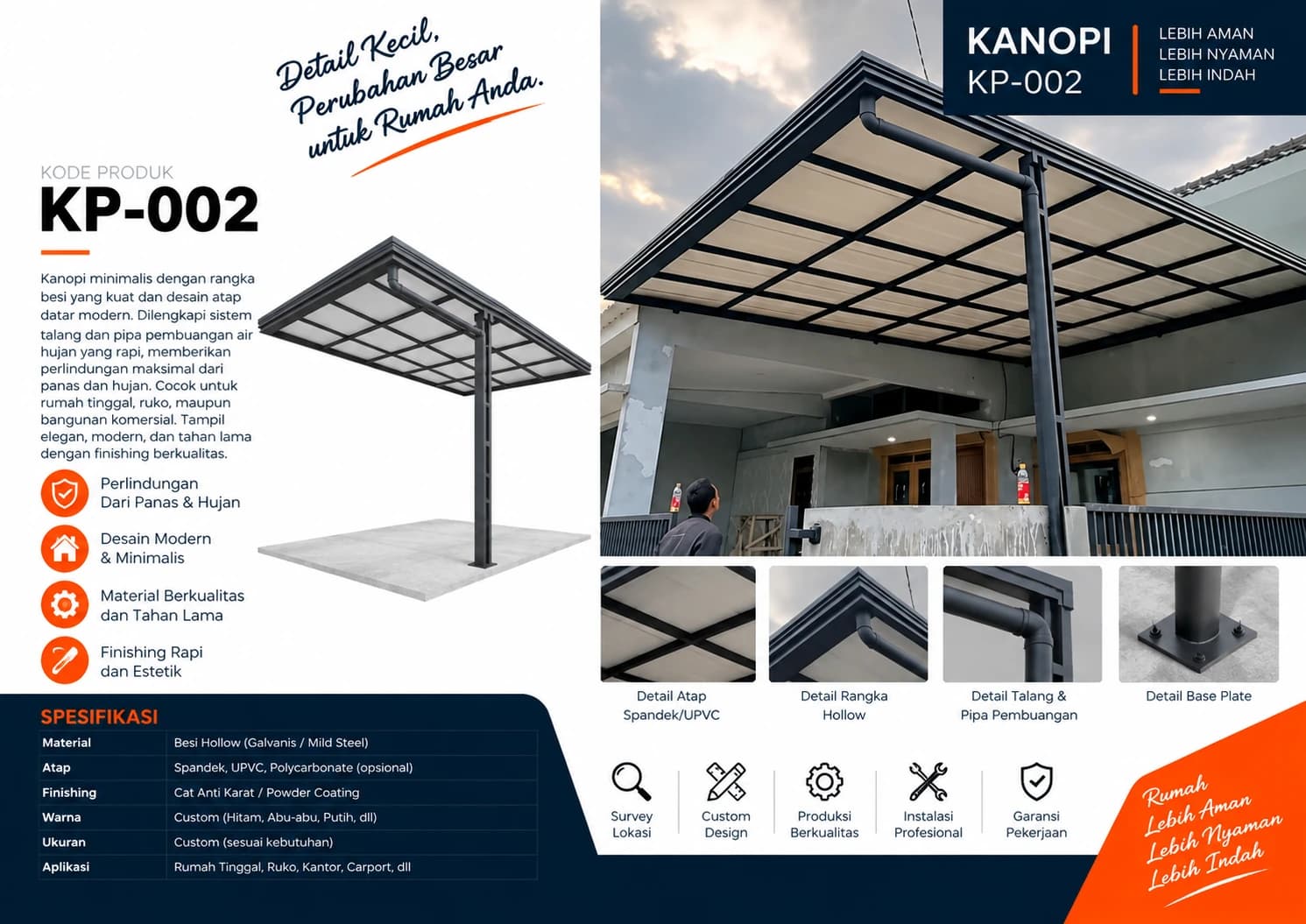 Katalog Kanopi KP-002 — atap datar modern dengan sistem talang dan pipa pembuangan air hujan