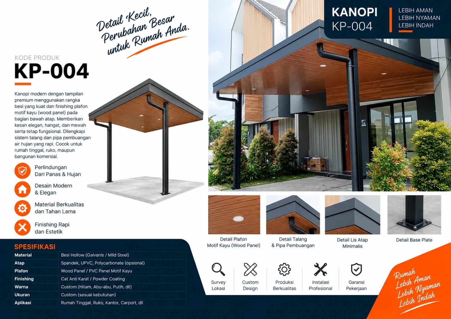 Katalog Kanopi KP-004 — plafon motif kayu (wood panel) pada rangka besi premium