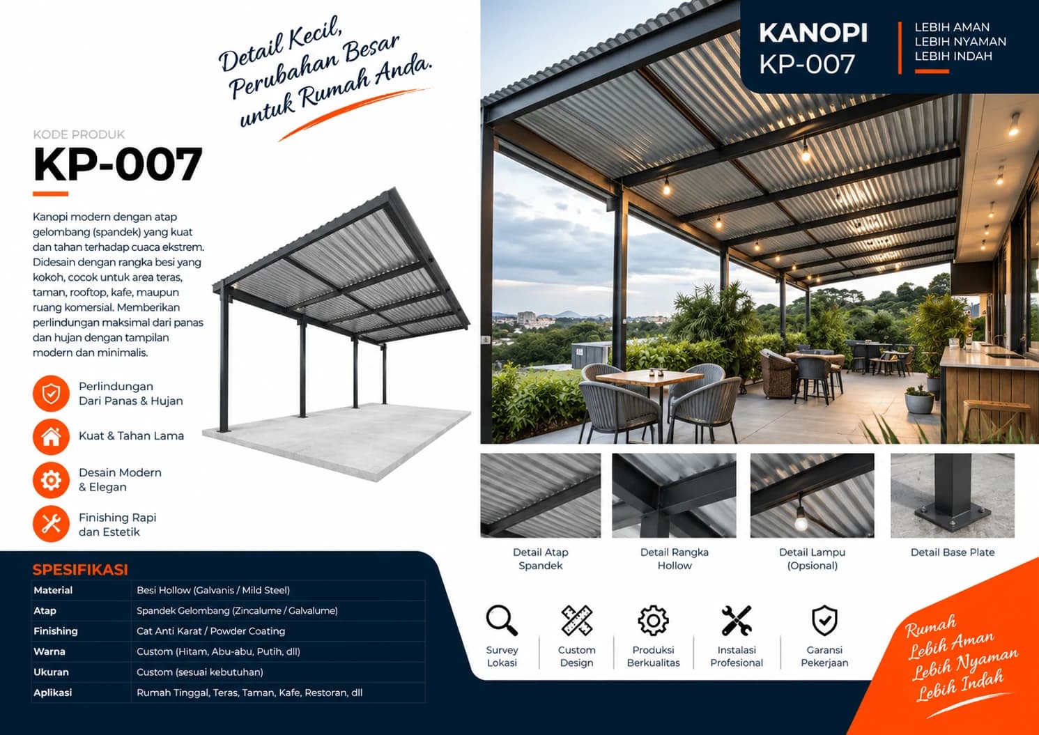 Katalog Kanopi KP-007 — atap spandek gelombang pada area rooftop kafe