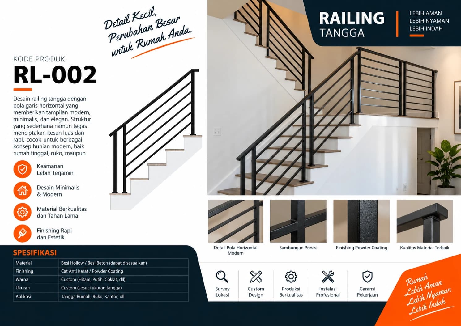Katalog Railing RL-002 — pola garis horizontal modern pada tangga rumah