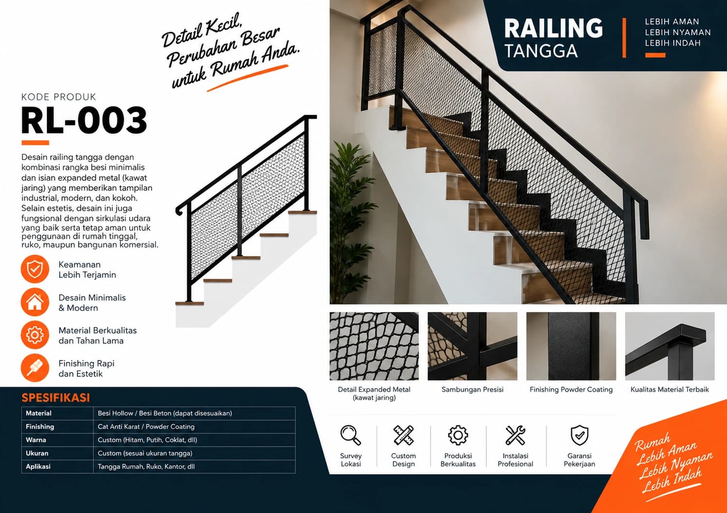 Katalog Railing RL-003 — isian expanded metal bergaya industrial pada tangga