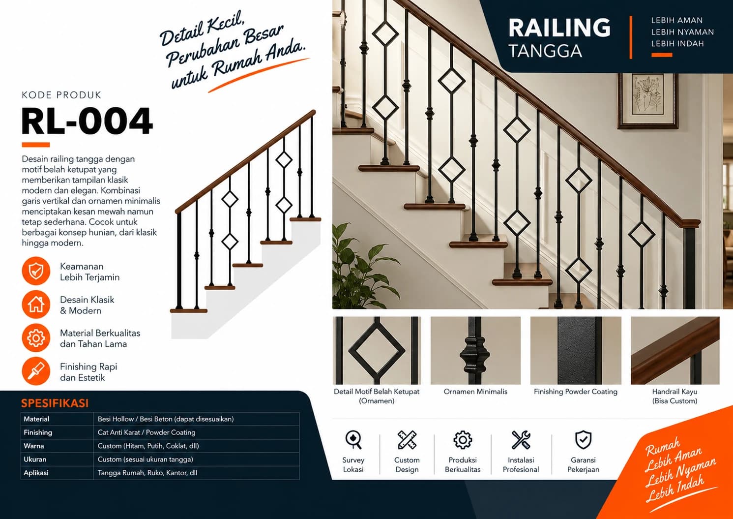 Katalog Railing RL-004 — motif belah ketupat dengan handrail kayu