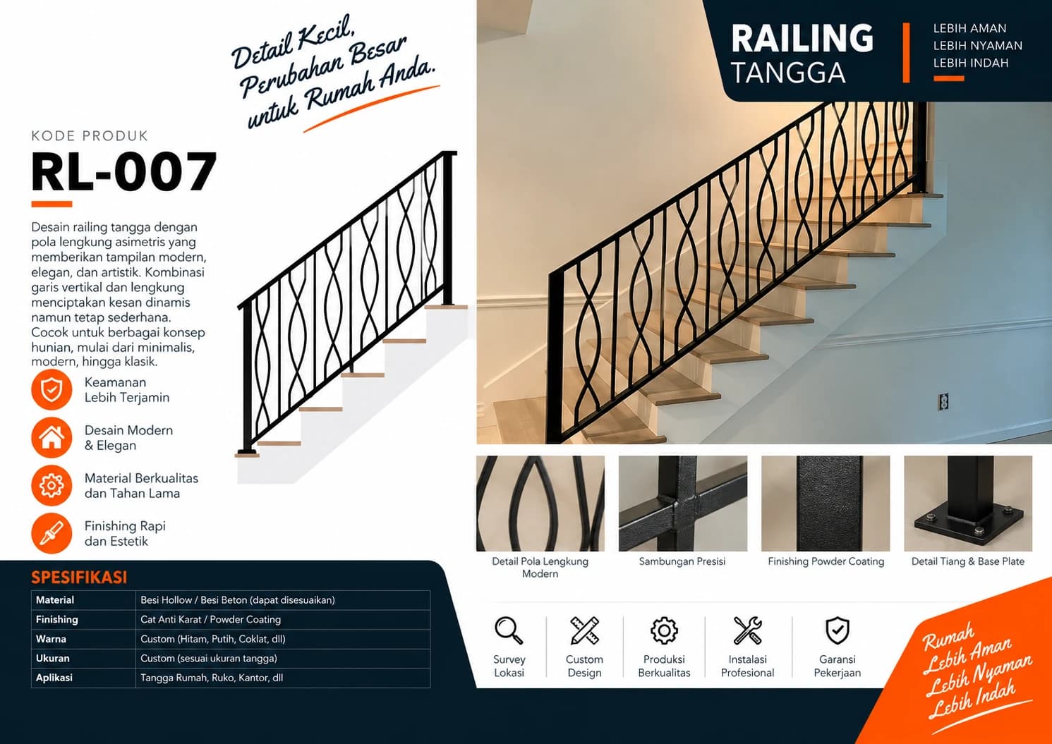 Katalog Railing RL-007 — pola lengkung asimetris pada railing tangga