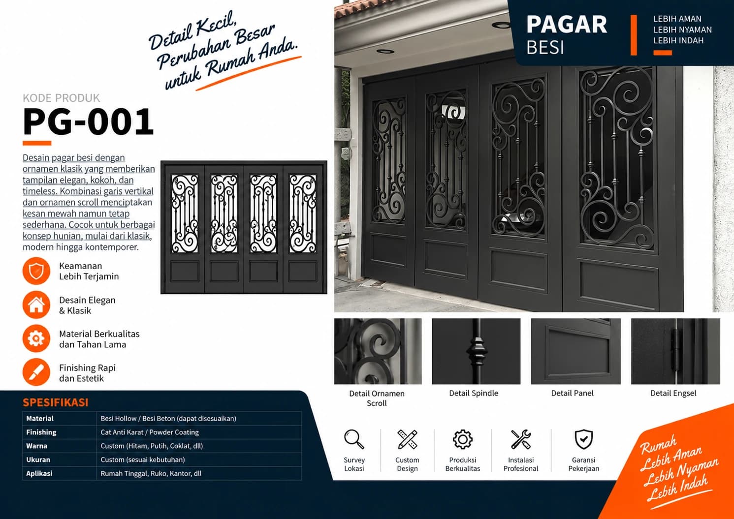 Katalog Pagar Besi PG-001 — ornamen scroll klasik pada gerbang rumah