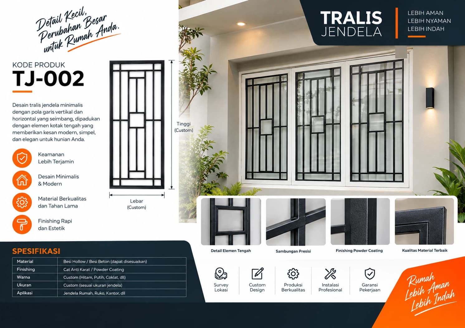 Katalog Teralis Jendela TJ-002 — elemen kotak tengah dengan pola garis seimbang