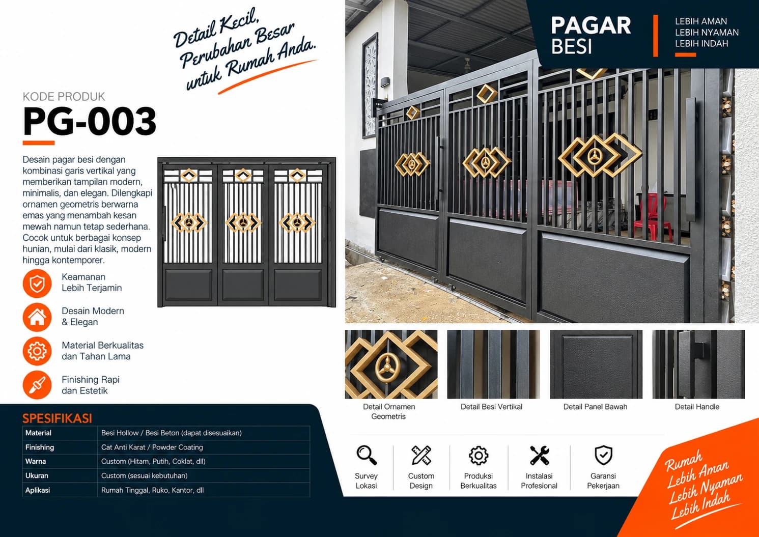 Katalog Pagar Besi PG-003 — ornamen geometris aksen emas pada pagar besi hitam