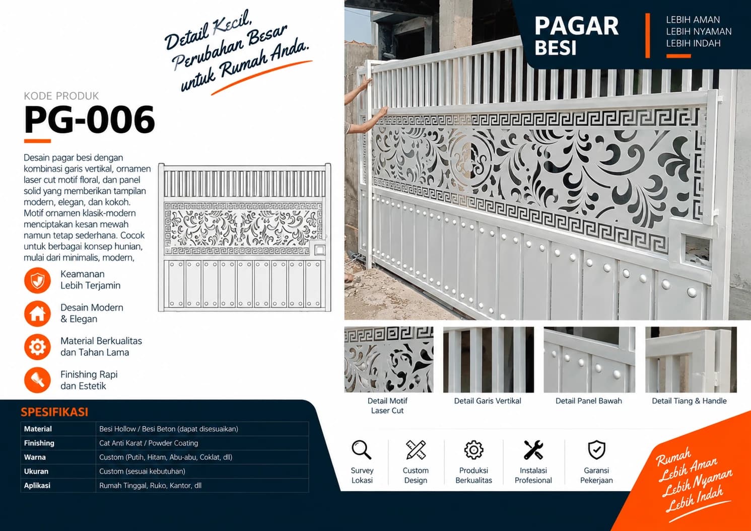 Katalog Pagar Besi PG-006 — laser cut motif floral pada gerbang pagar putih