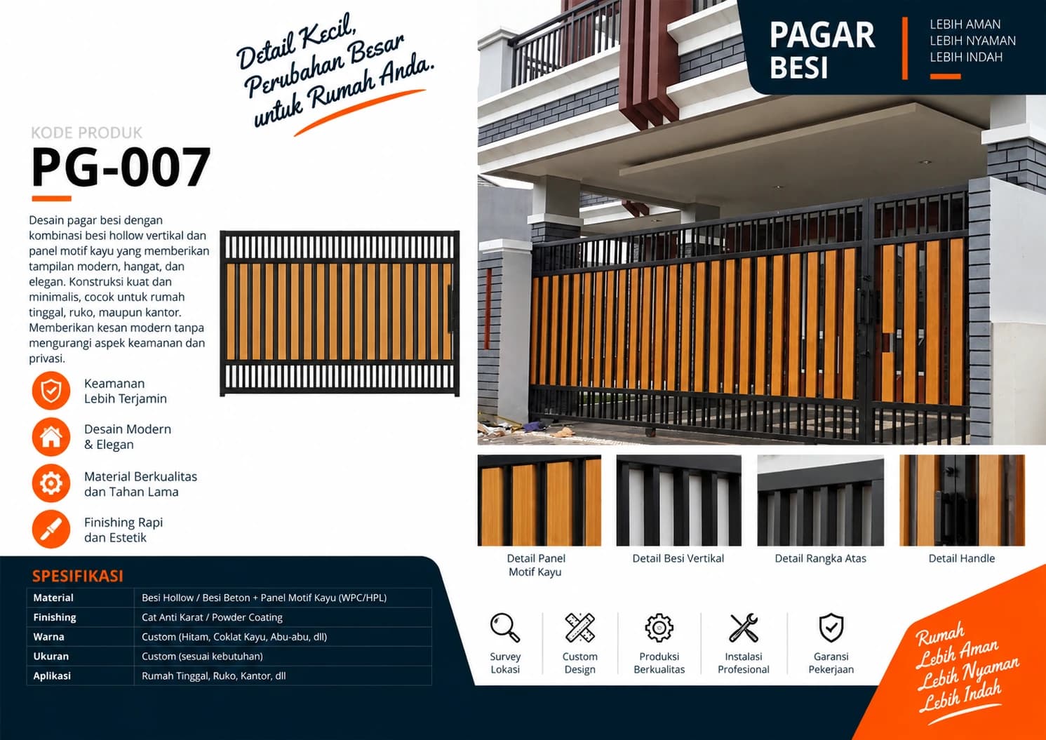 Katalog Pagar Besi PG-007 — kombinasi besi hollow vertikal dengan panel motif kayu