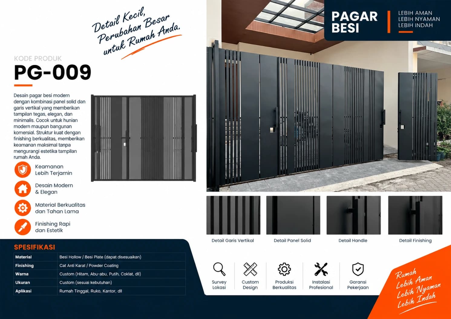 Katalog Pagar Besi PG-009 — kombinasi panel solid dan garis vertikal modern