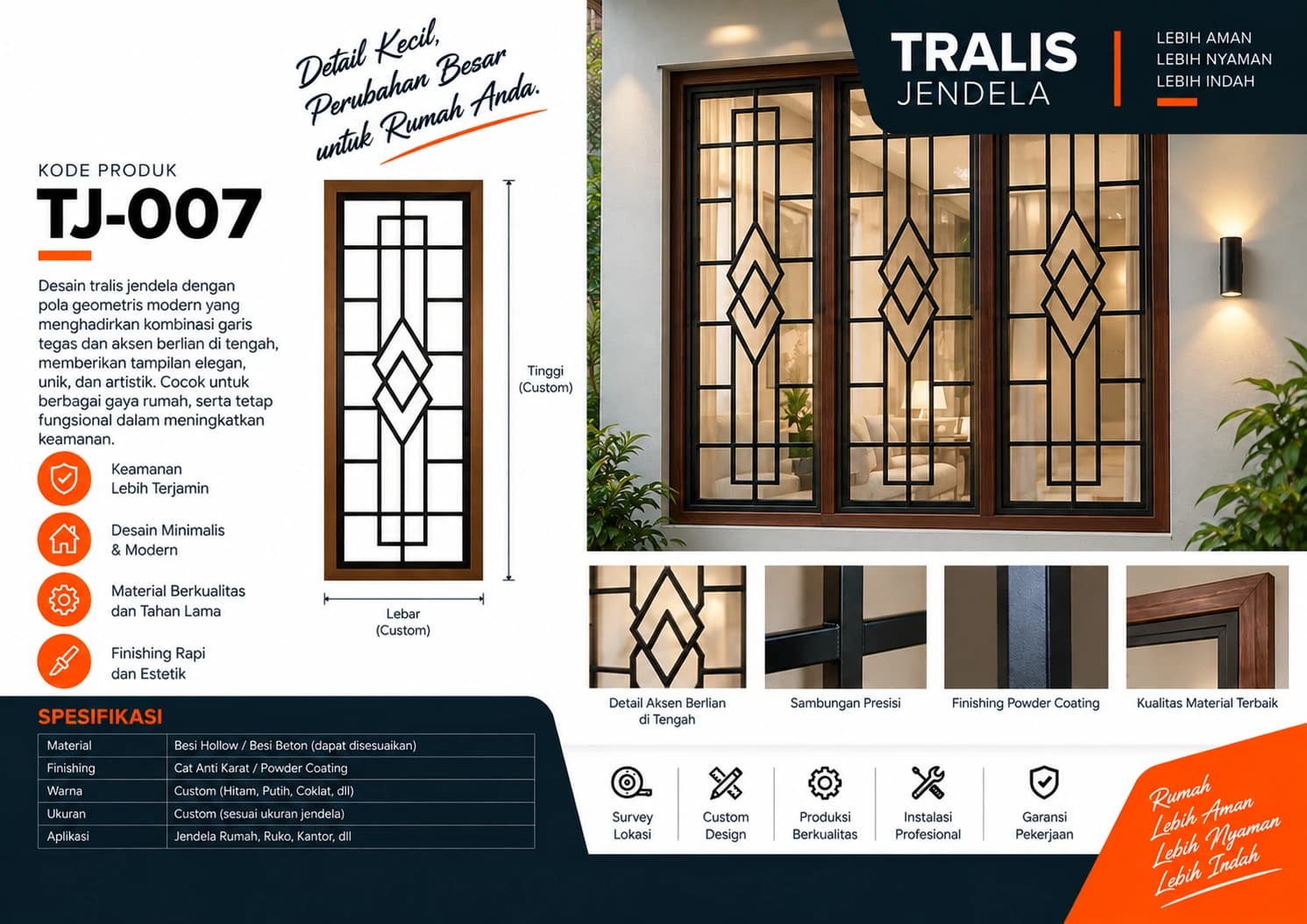 Katalog Teralis Jendela TJ-007 — aksen berlian di tengah pola geometris