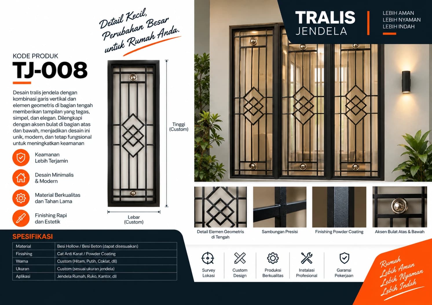 Katalog Teralis Jendela TJ-008 — elemen geometris dengan aksen bulat atas bawah